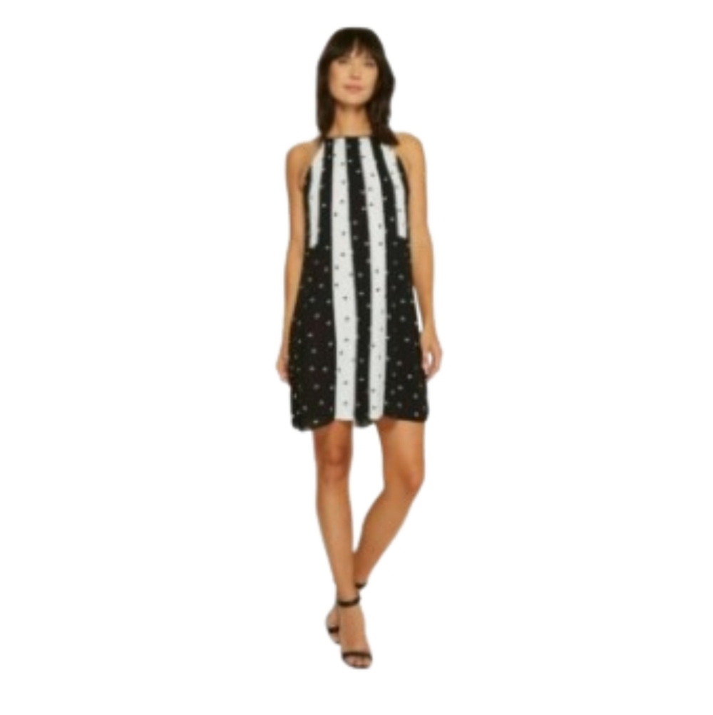 NWT CeCe Halter Mini Dress 10 Black White Geometric A-Line Sleeveless Party